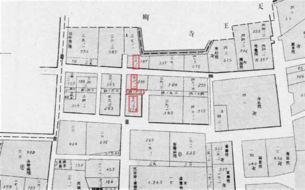 子爵市橋虎雄邸（上野桜木町の部分に加筆）（『東京市及接続郡部地籍地図』東京市区調査会、1912　国立国会図書館デジタルコレクション ）の画像。